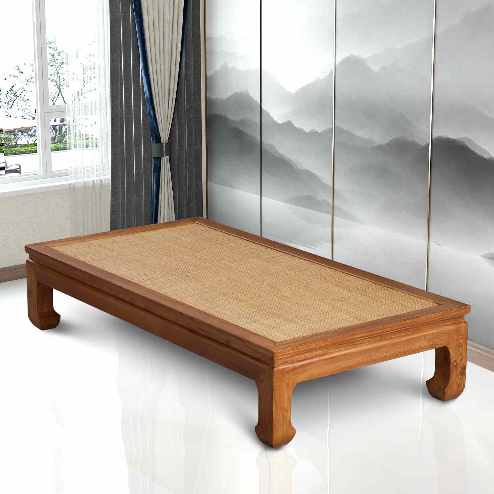 新中式老榆木罗汉床禅意原木藤席茶室双人沙发椅贵妃床榻实木家具