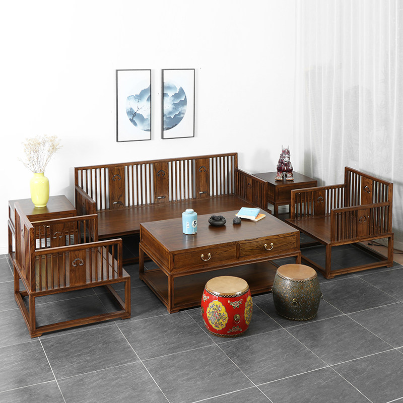 溪木工坊简约禅意中式老榆木实木沙发组合中小户型l转角贵妃家具