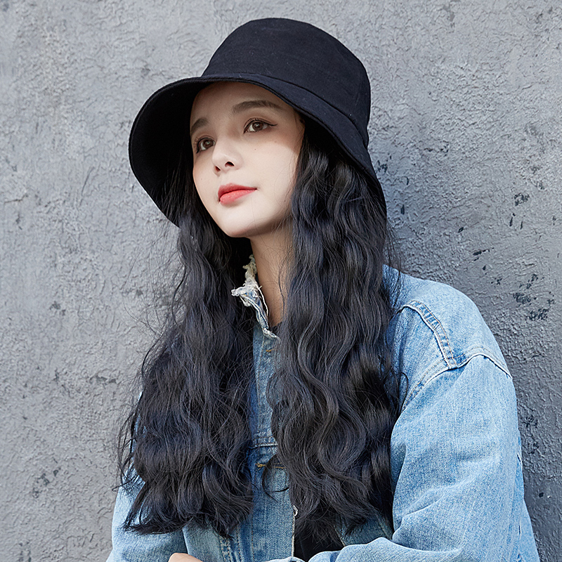 渔夫帽子女夏遮阳防晒带假发可拆卸春天长卷发网红时尚自然全头套