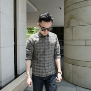 bf original cotton gray black plaid shirt men's long-sleeved slim round neck casual retro trend handsome youth shirt