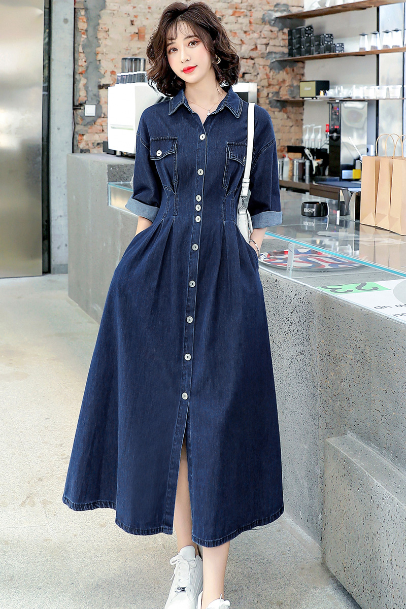 休闲牛仔连衣裙女夏季文艺高腰气质高端收腰显瘦长裙法式优雅复古