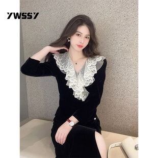 YT237526秋装新款赫本风法式长袖蕾丝黑色复古高级感金丝绒连衣裙
