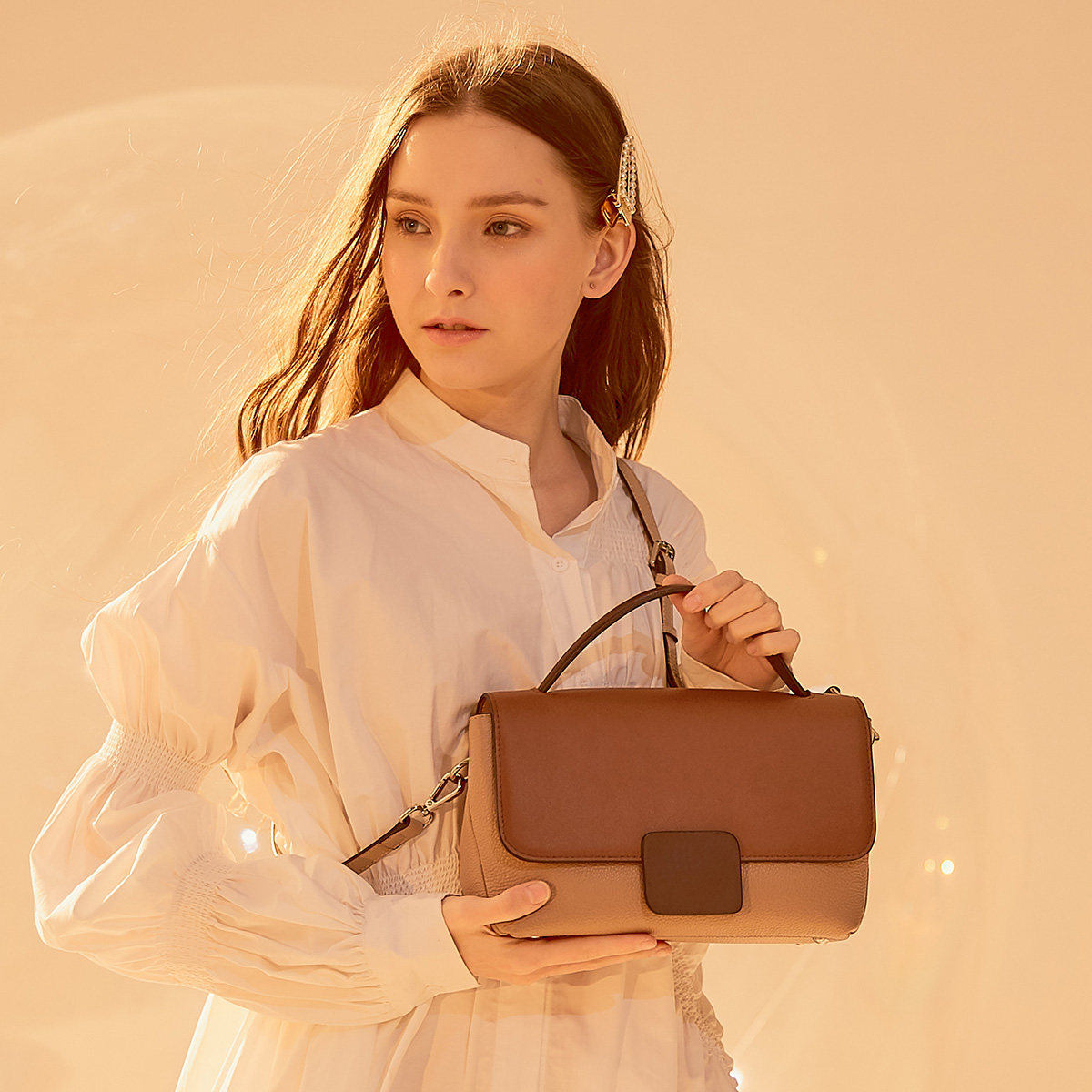 waxy欧时力2019新款头层牛皮时尚女包真皮百搭手提包单肩斜挎小包