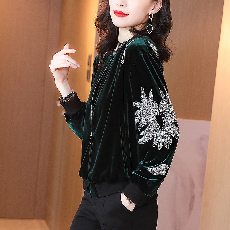 金丝绒外套女2021秋冬新款加厚重工钉珠百搭宽松开衫棒球服上衣女