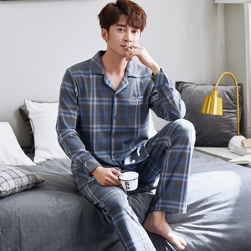 睡衣男春秋纯棉长袖男士春款青年春装全棉家居服春季宽松格子套装