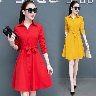 中国红连衣裙女长袖2024新款网红爆款雪纺裙收腰系带有袋的衬衫裙
