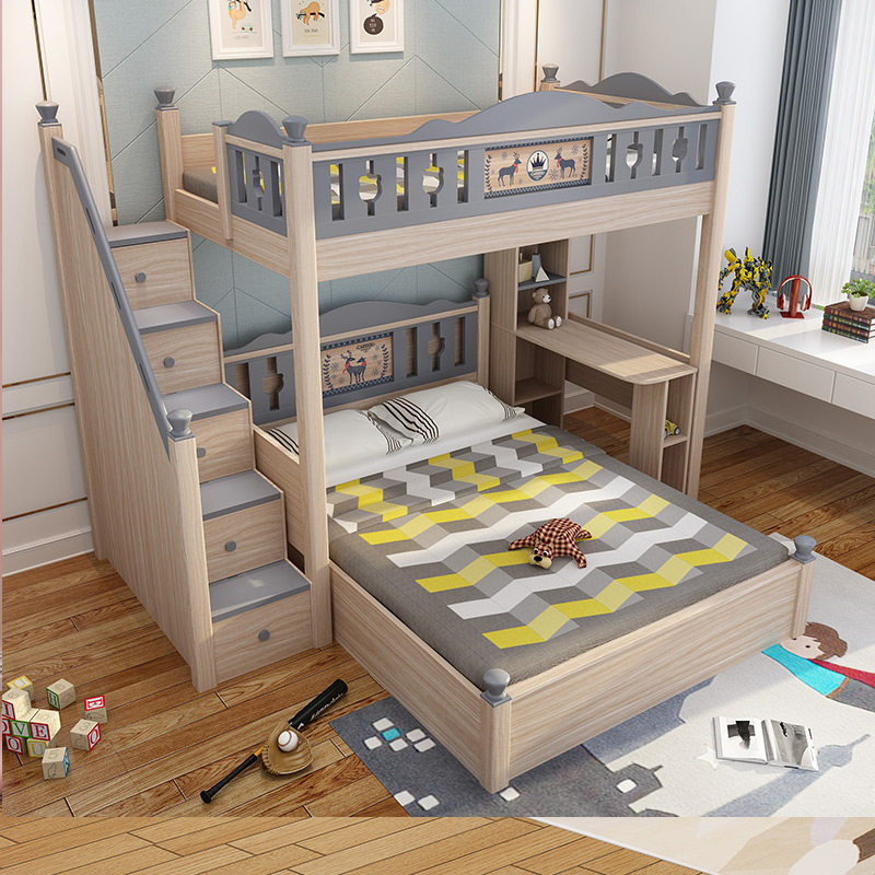 北欧儿童上下床 带书桌架1.5米高低床 l型子母床 二胎多功能床