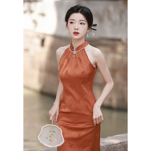 年轻款旗袍晨袍新中式挂脖橘色日常小个子改良少女夏季国风连衣裙