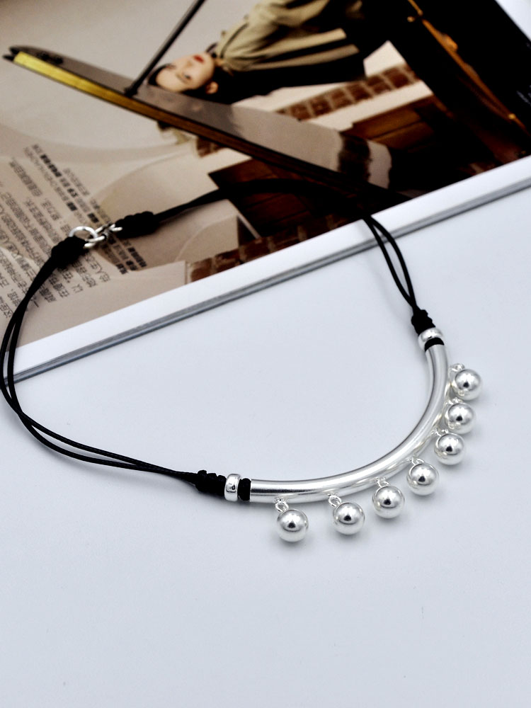 通体s925纯银七珠弯管黑绳项链时尚休闲流行女士锁骨链民族风原创