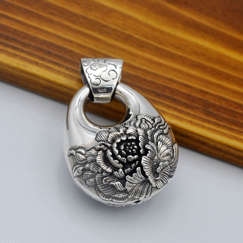 s925纯银毛衣五十克大吊坠手工银牡丹花项链复古民族风长款雕花女-mc