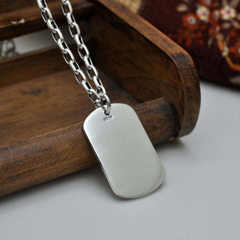 足银999无事牌 光板军牌无字方形银牌子时尚男女百搭o形纯银项链