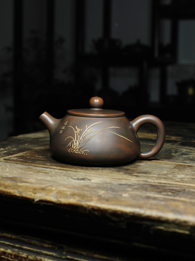 钦州坭兴陶名家石瓢兰花茶壶纯全手工原矿古铜色壶送2茶杯