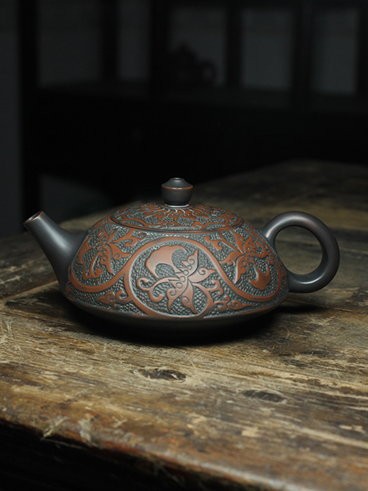 淘壶者钦州坭兴陶名家牡丹半月壶纯手工平雕壶原矿紫泥茶壶茶具