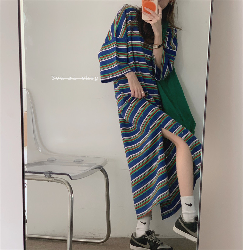 实拍实价  撞色长款圆领短袖宽松T恤连衣裙