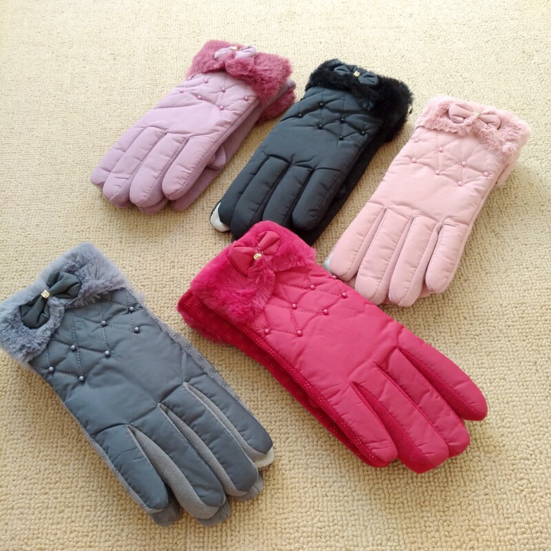 羽绒棉手套女士冬季加厚户外加绒保暖触屏骑车秋冬天滑雪布艺手套