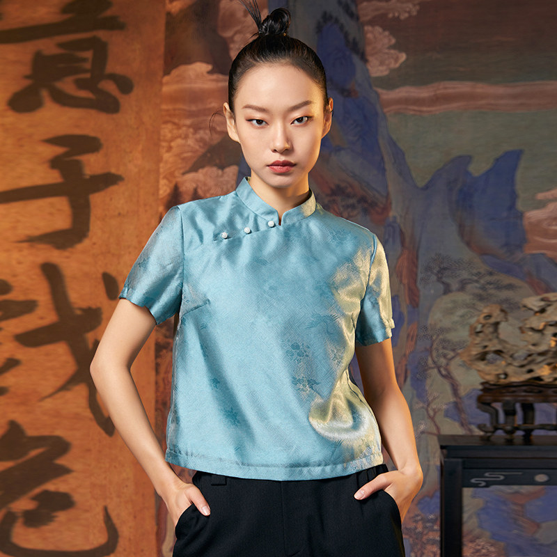 芥末原创熹微中式立领国潮短上衣复古提花暗纹面料禅意短袖唐装