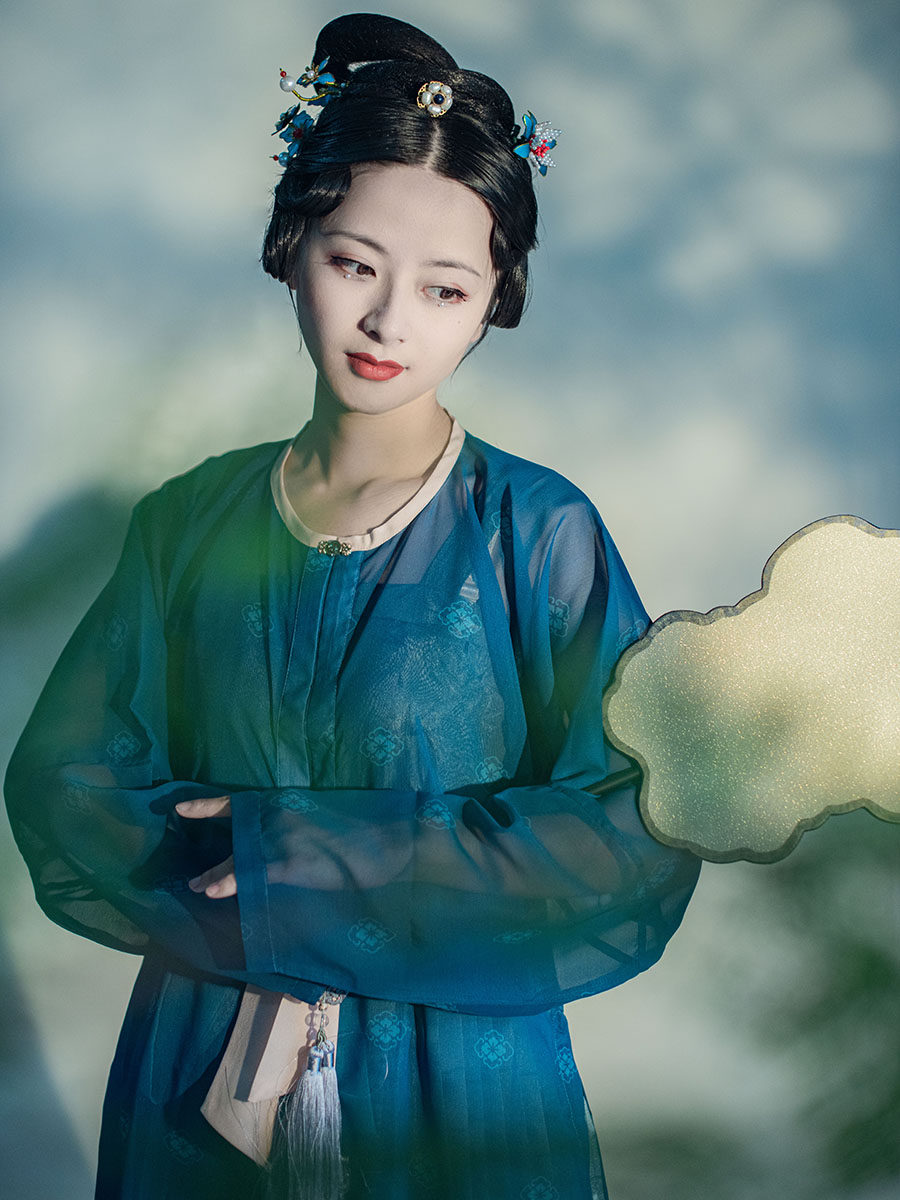 禅山记汉服明制对襟圆领衫印花小团花单层轻薄春秋子母扣日常飘逸