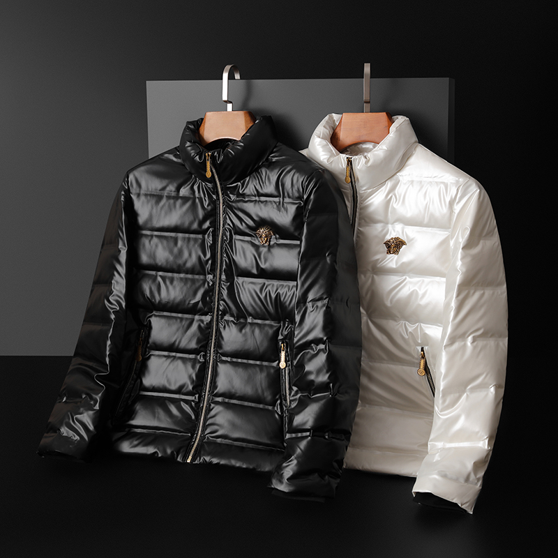 巴宝莉时尚纯色大码格子立领羽绒服商务休闲男士连帽冬装羽绒外套