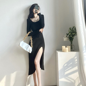 Real spot ~ good quality! Autumn thin simple medium length over knee a swing dress long sleeve small black skirt