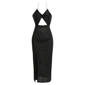 Suspender sexy vacation medium long chain backless black dress