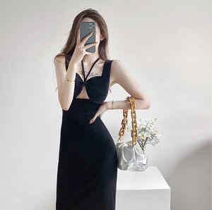 Hollow neck sleeveless medium length high waist black dress