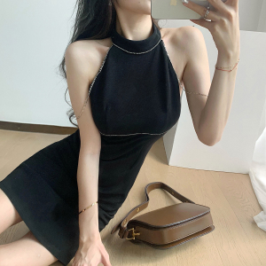 Sleeveless round neck high waist solid chain waist small black skirt A-line dress