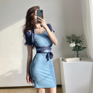 Sexy color matching short sleeve skirt with neck strap