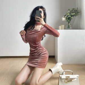 Velvet hanging neck square neck thin buttock wrap long sleeve short skirt dress