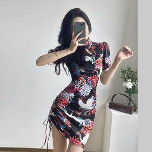 Real shot spot summer new print Chinese style improved drawstring girl slim dress cheongsam