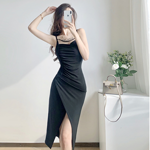 Solid medium length hip bottom strap sexy tight dress