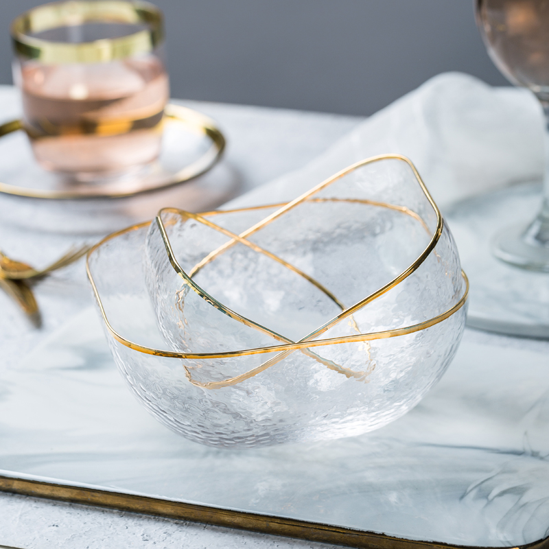 安宜好家描金方碗日式金边玻璃沙拉碗锤纹透明创意水果甜品碗餐具