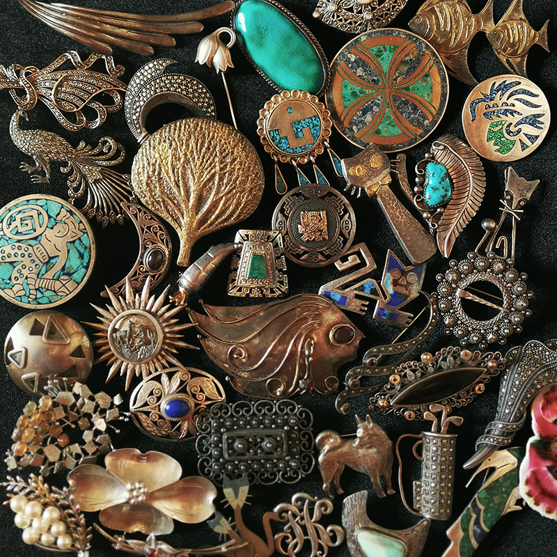 vintage中古925银胸针西洋古董宝石饰品复古老首饰古着孤品男女款