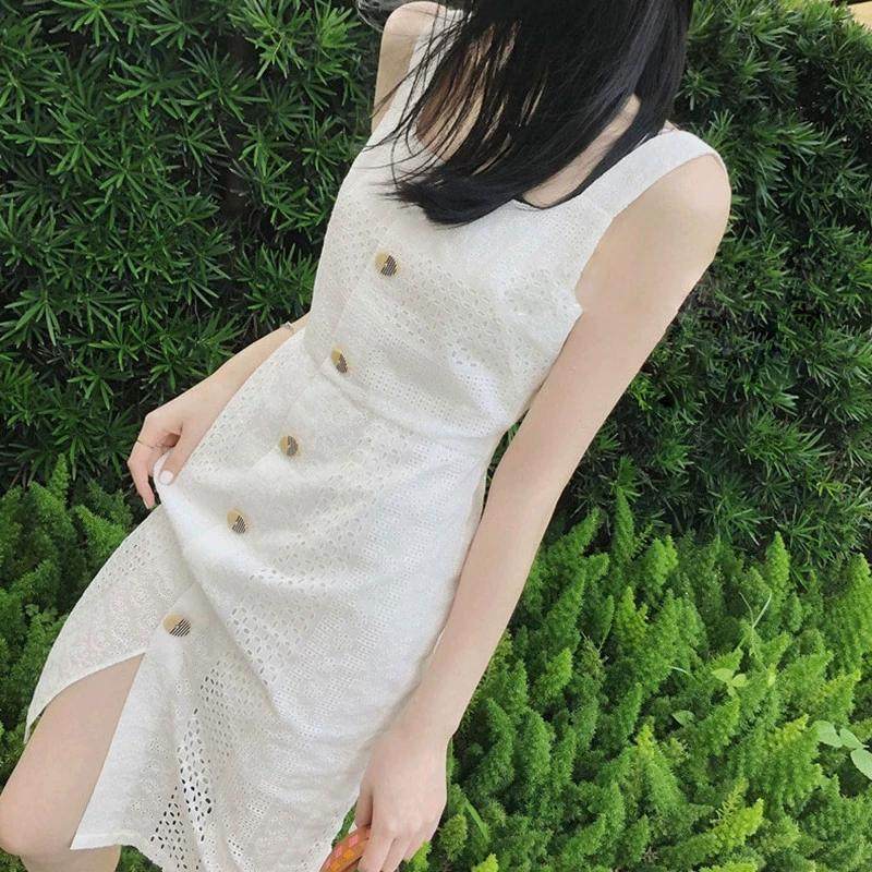 复古白色吊带无袖连衣裙女夏季性感低领宽肩带方领背心打底仙女裙