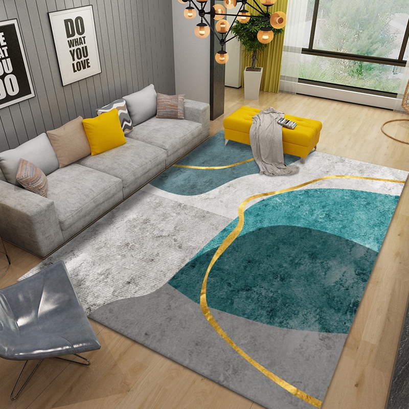客厅卧室地毯灰蓝橘绿色轻奢鎏金简约时尚水墨沙发北欧高级茶几毯