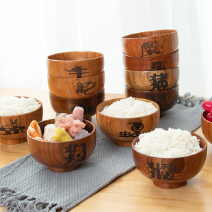 禾匠新品十二生肖木碗中式牛虎兔家用成人儿童米饭面汤饭碗餐饮具