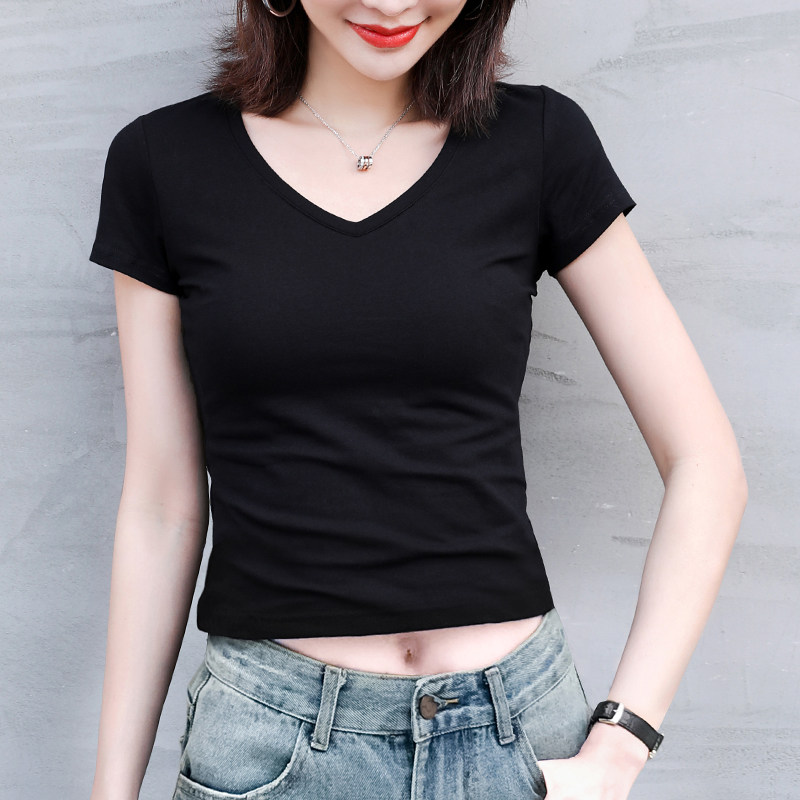 露脐上衣短款t恤女短袖夏2021修身性感紧身v领黑色高腰漏肚脐体恤
