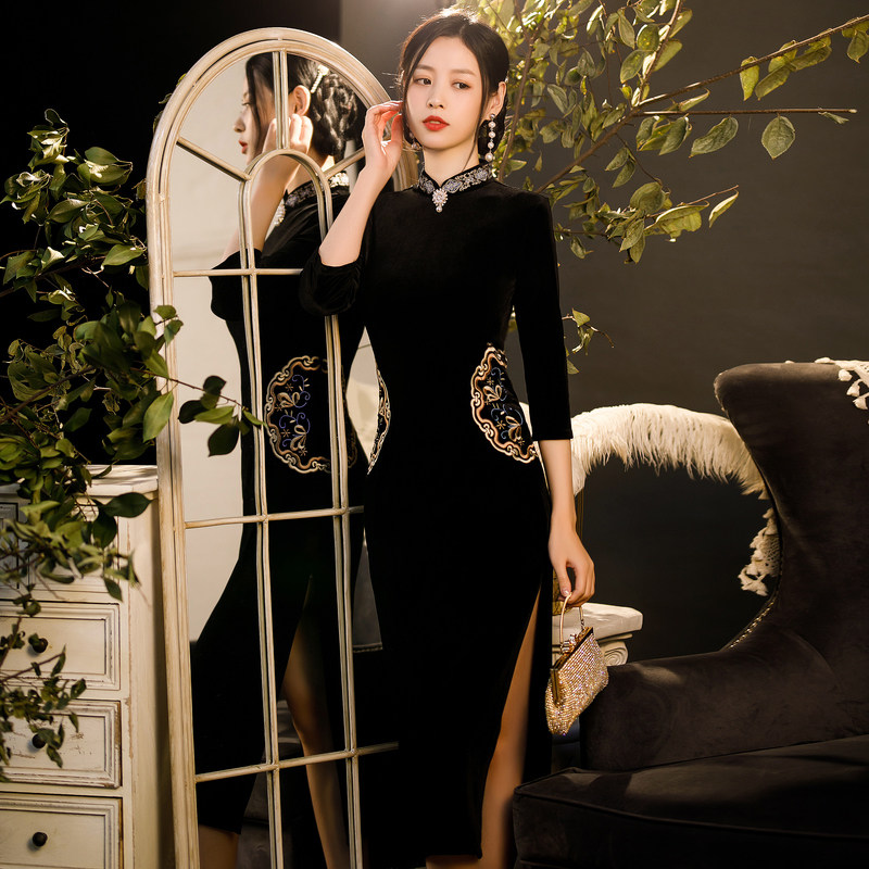 贵佩旗舰店的优惠券大全—旗袍丝绒少女黑色复古老上海气质名媛显瘦