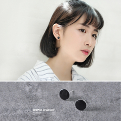 韩版圆形几何黑色耳钉女时尚气质日韩国S925纯银简约个性防过敏