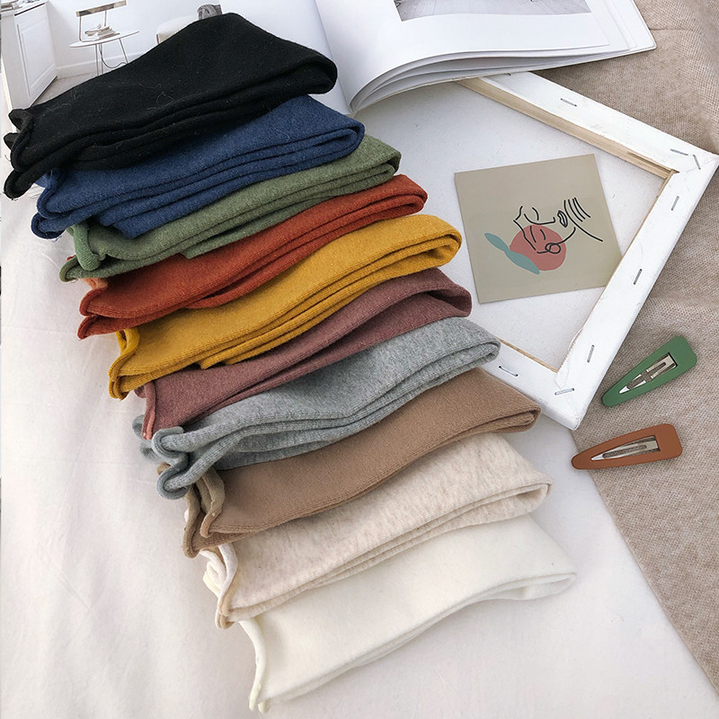 堆堆袜女袜纯棉秋冬中筒复古_纯色卷边袜子女中筒袜日系韩国复古薄款