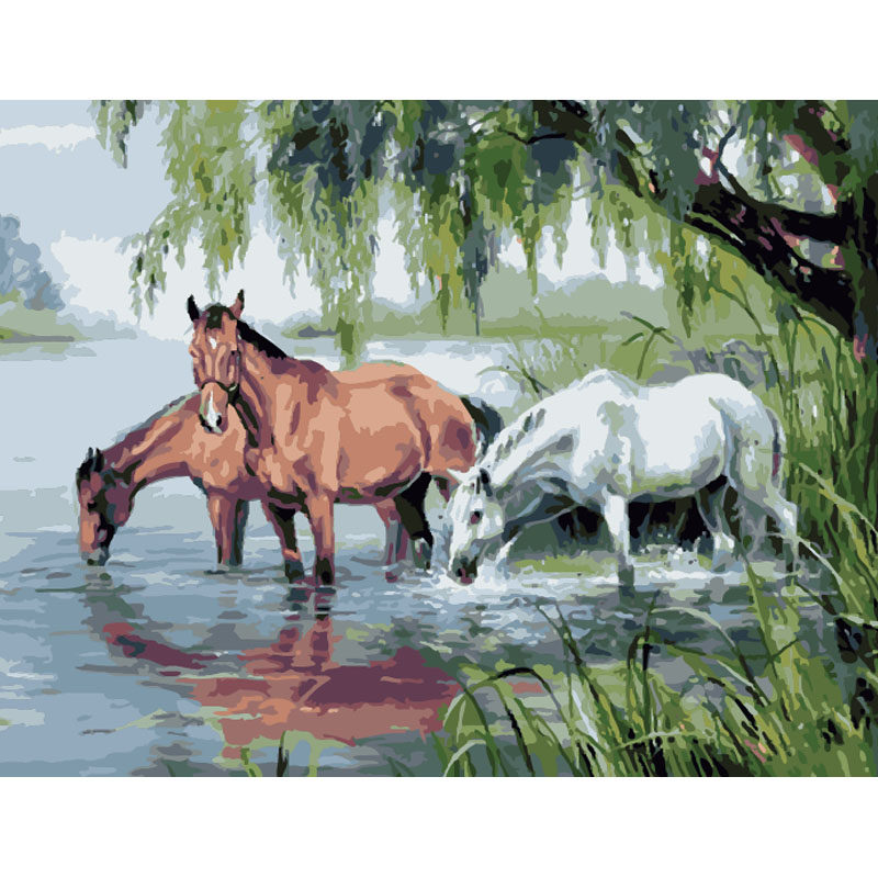 diy数字油画自己填色马儿喝水拉车两匹马樱花白马海洋马手绘新款