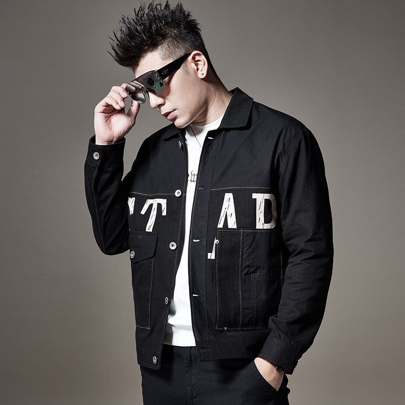 胖子大码lvнck潮秋冬新款男士字母印花潮牌牛仔外套痞帅男装