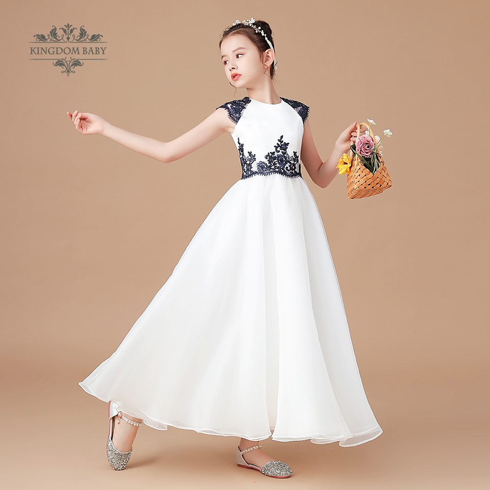 女童小提琴长款演出服中大童晚礼服白色儿童礼服公主裙藏青色蕾丝