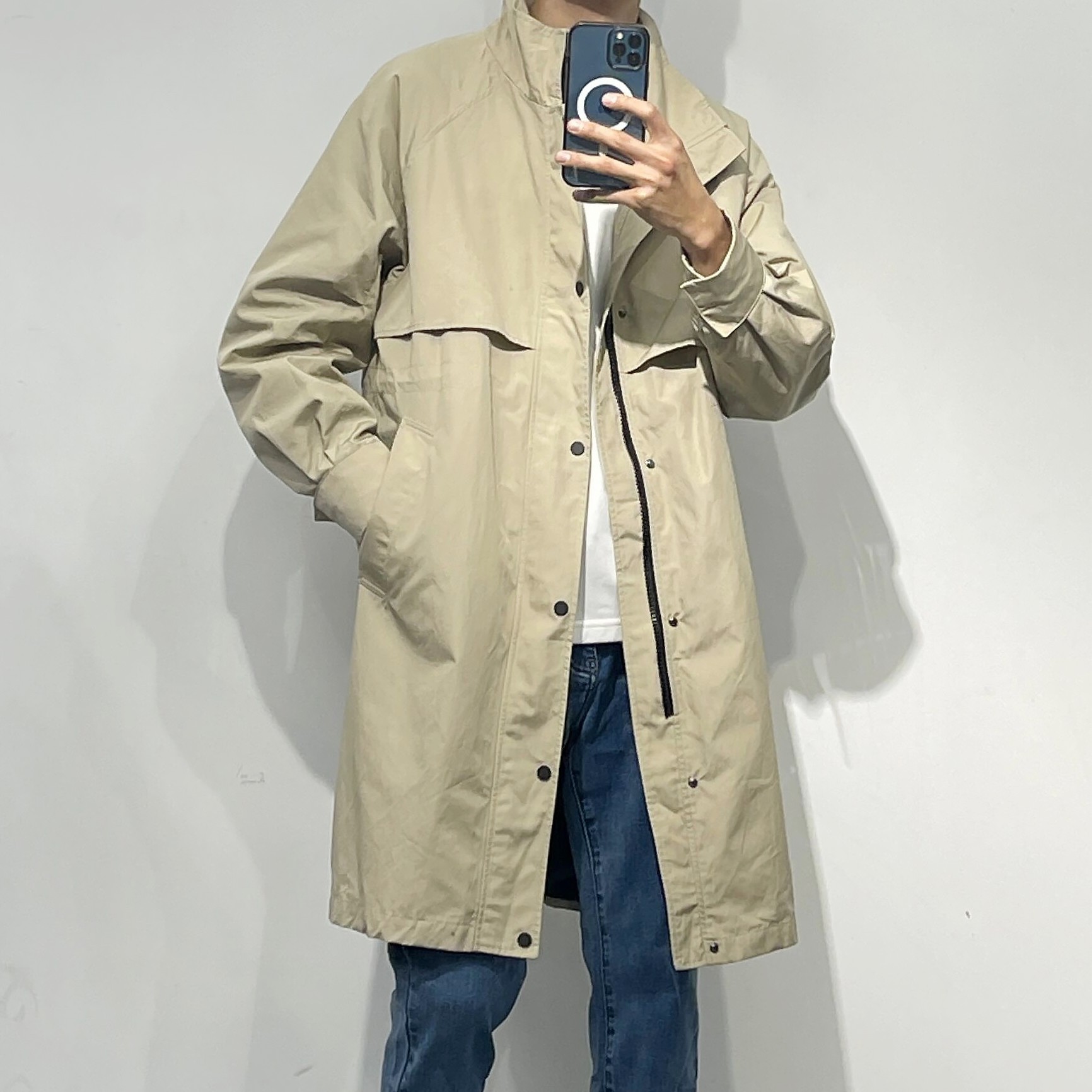 g系列2022年春季男士宽松立领中长款卡其色工装风衣纯色纯棉外套