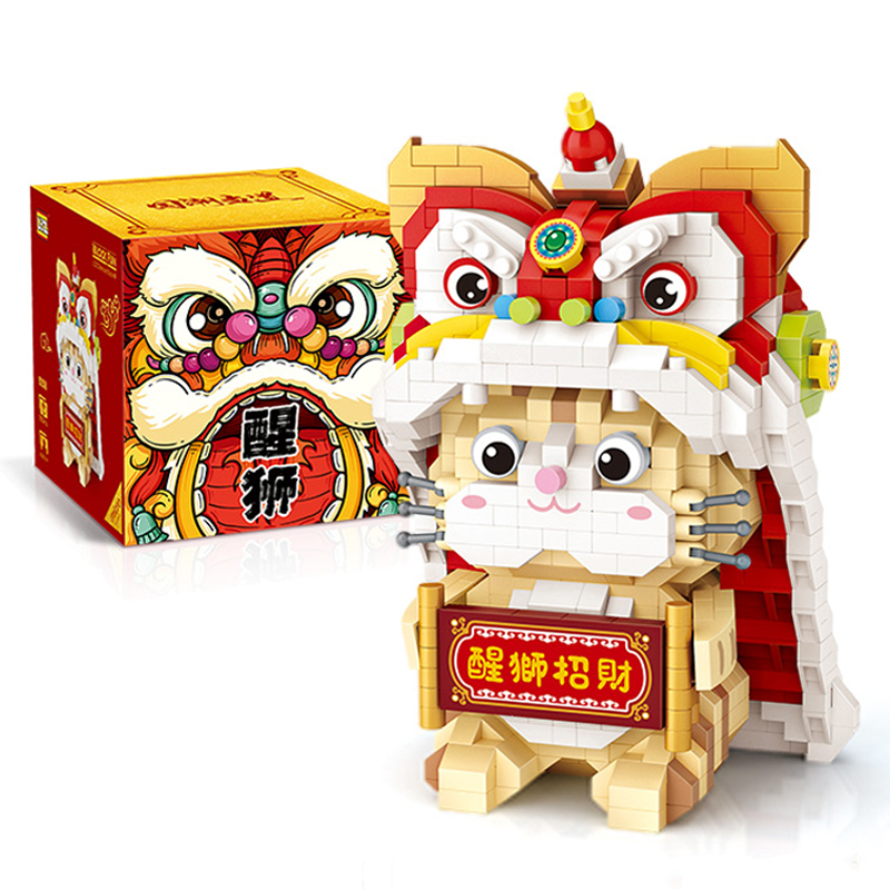乐高新品小颗粒积木拼装新年礼物中国风年兽醒狮招财猫年夜饭玩具