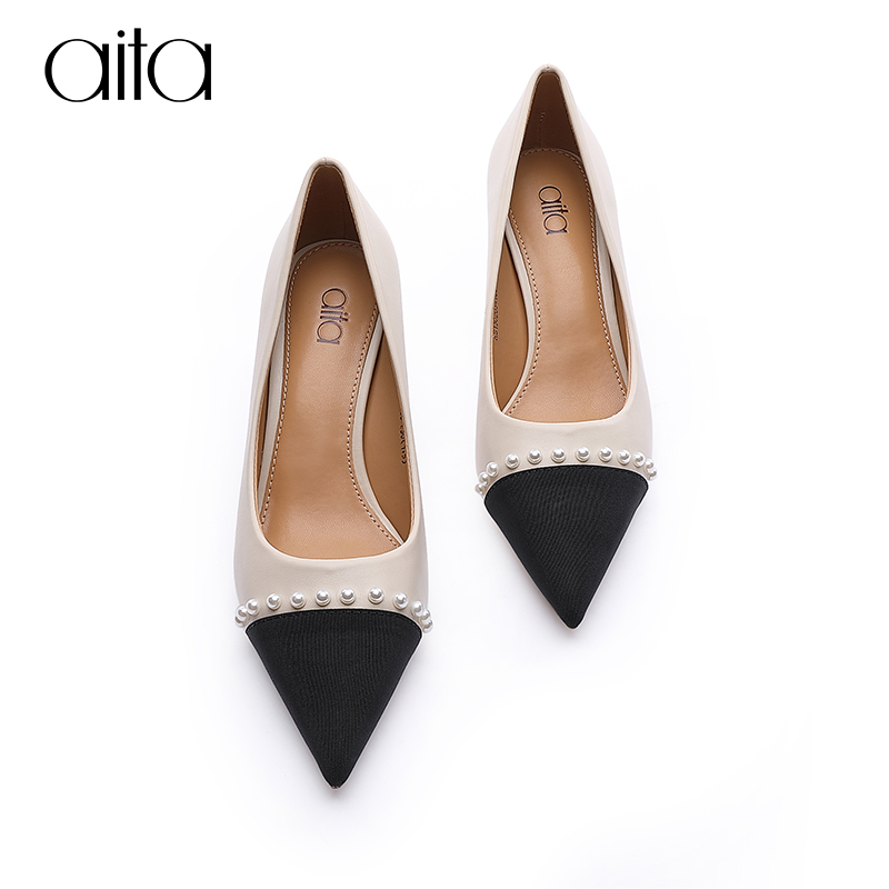AITA艾塔细跟单鞋2024春新款尖头珍珠时尚性感高跟女鞋个性时髦