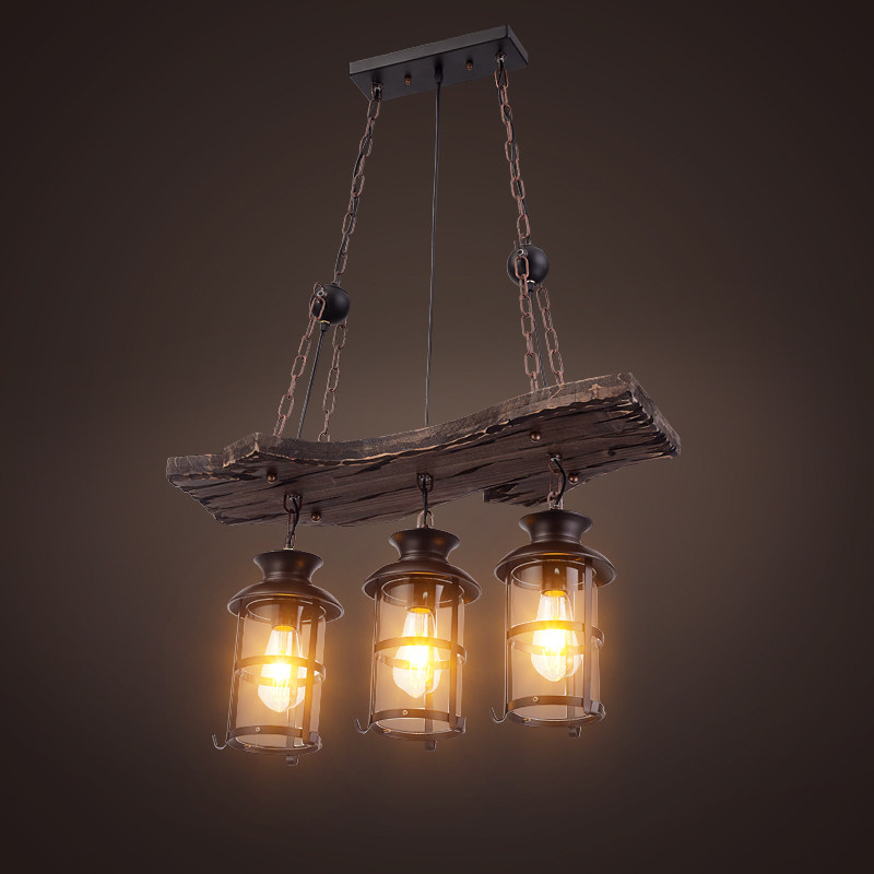 复古工业风吊灯餐厅酒吧台餐桌奶茶火锅店铺茶室美式实木三头灯具