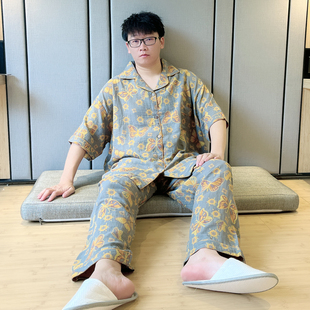 双层纱布棉纱睡衣男特大码加肥300斤全棉夏可外穿薄款家居服套装