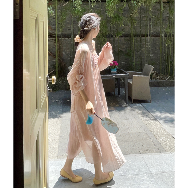 WangHanYan 吊带连衣裙+开衫两件套肌理感改良日常国风夏装连衣裙