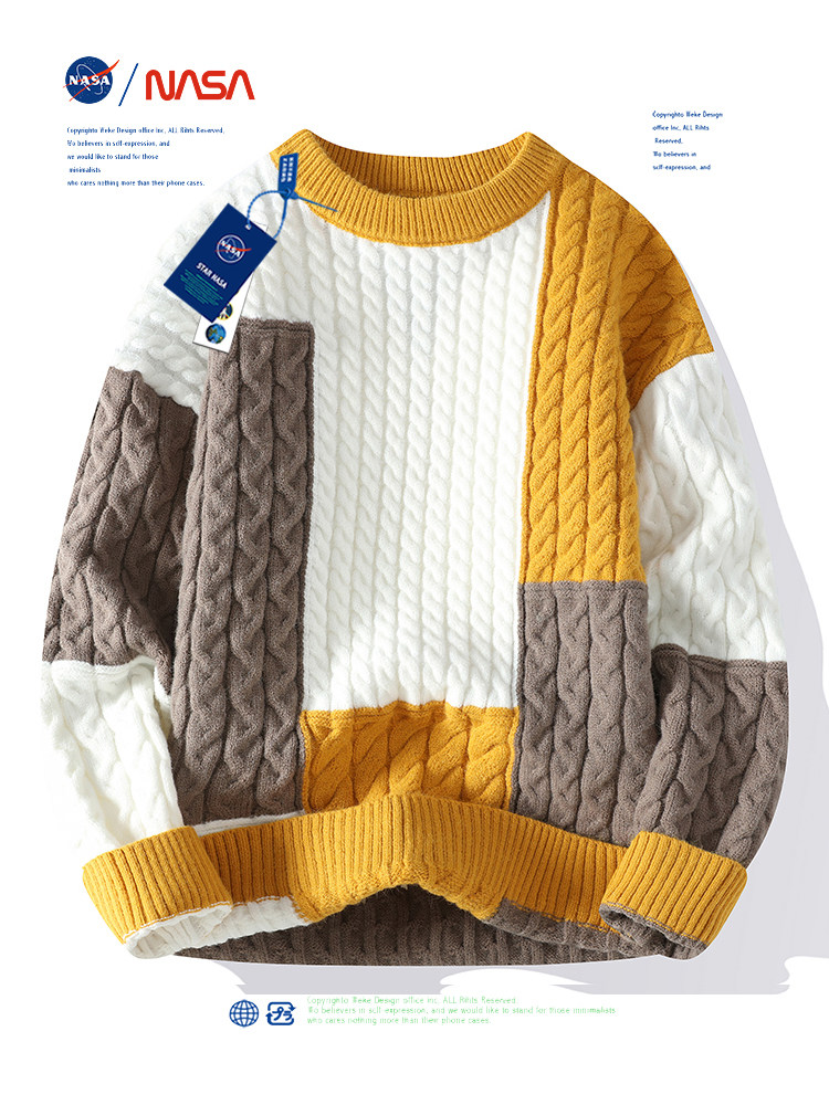 nasa毛衣男冬季加绒加厚高级感圆领针织衫日系休闲拼接内搭打底衫