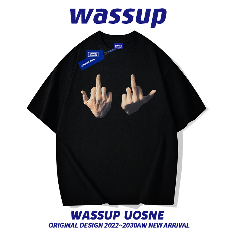 WASSUP美式男女款短袖美式重磅纯棉t恤手指情侣宽松潮流街头上衣